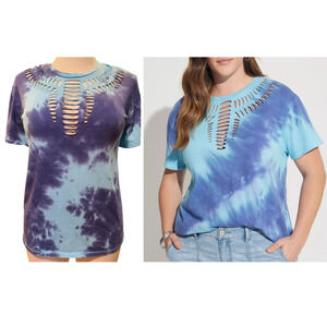 Torrid‎ 3 (3X 22/24) Blue Tie Dye Relaxed Fit Busty Slashed Yoke T Shirt Tee New
